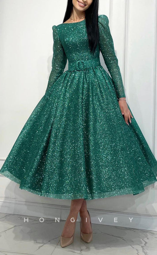 L1429 - Elegant Glitter A-Line Empire Belt Bateau Long Sleeves Party Prom Evening Dress