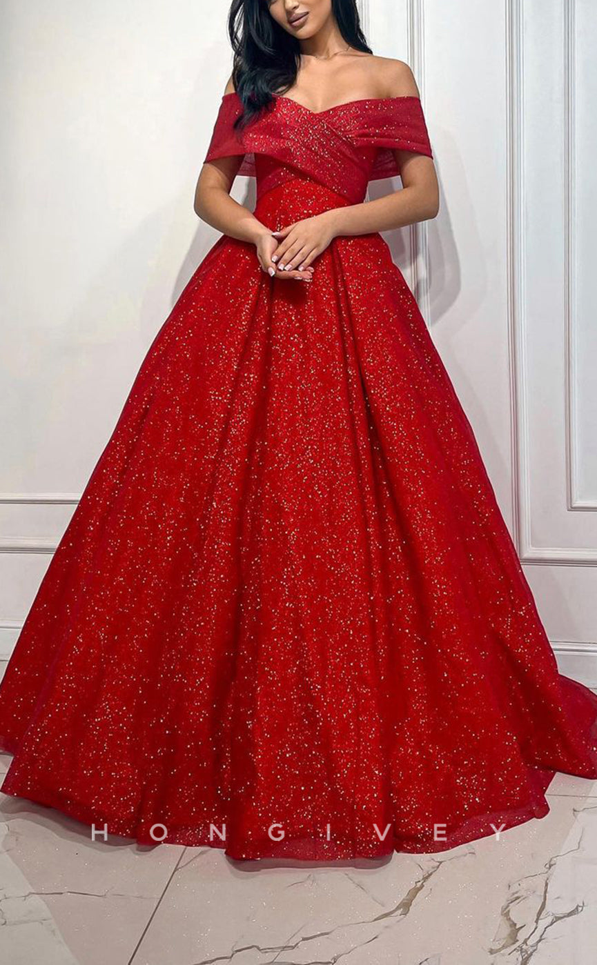L1431 - Chic Glitter Tulle Red A-Line Off-Shoulder Floor-Length Party Prom Evening Dress