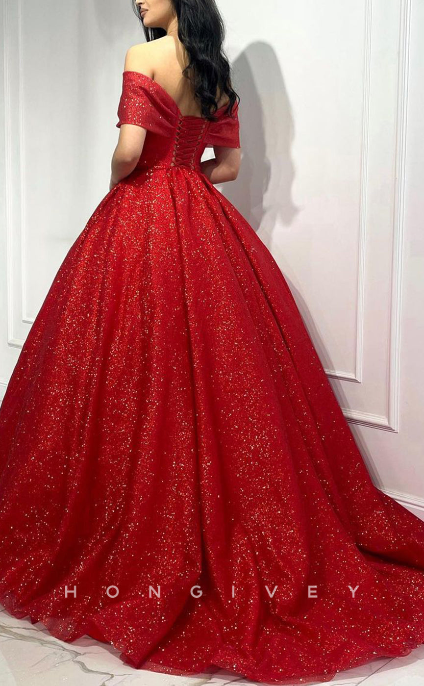 L1431 - Chic Glitter Tulle Red A-Line Off-Shoulder Floor-Length Party Prom Evening Dress