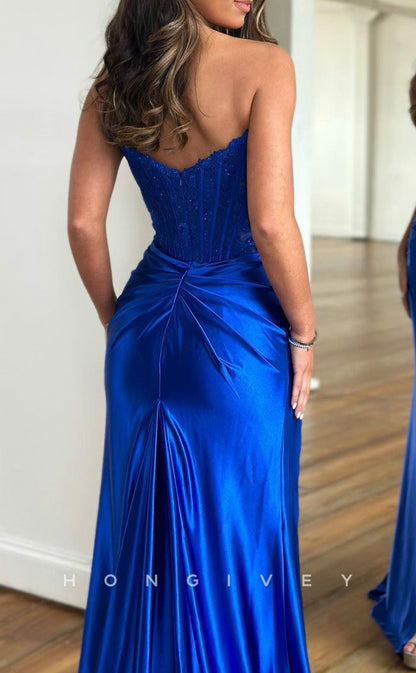 L1434 - Sexy Fitted Satin Bateau Strapless Ruched With Side Slit Train Party Prom Evening Dress