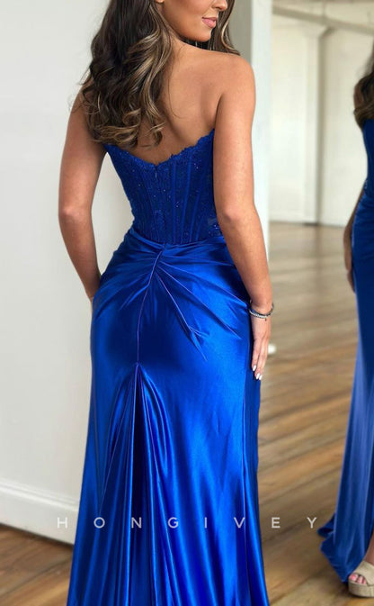 L1434 - Sexy Fitted Satin Bateau Strapless Ruched With Side Slit Train Party Prom Evening Dress
