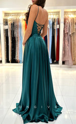 L1439 - Simple Satin Empire Square Spaghetti Straps With Side Slit Party Prom Evening Dress