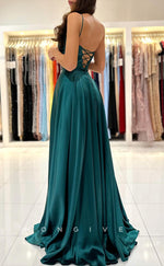 L1439 - Simple Satin Empire Square Spaghetti Straps With Side Slit Party Prom Evening Dress