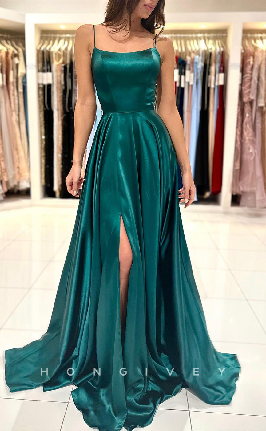 L1439 - Simple Satin Empire Square Spaghetti Straps With Side Slit Party Prom Evening Dress