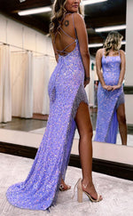 L1440 - Sexy Fitted Glitter Asymmetrical Square Spaghetti Straps Sequined Beaded Fringe Party Prom Evening Dress