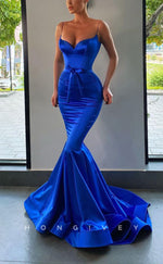 L1442 - Chic Satin Asymmetrical Spaghetti Straps Belt With Train Party Prom Evening Dress