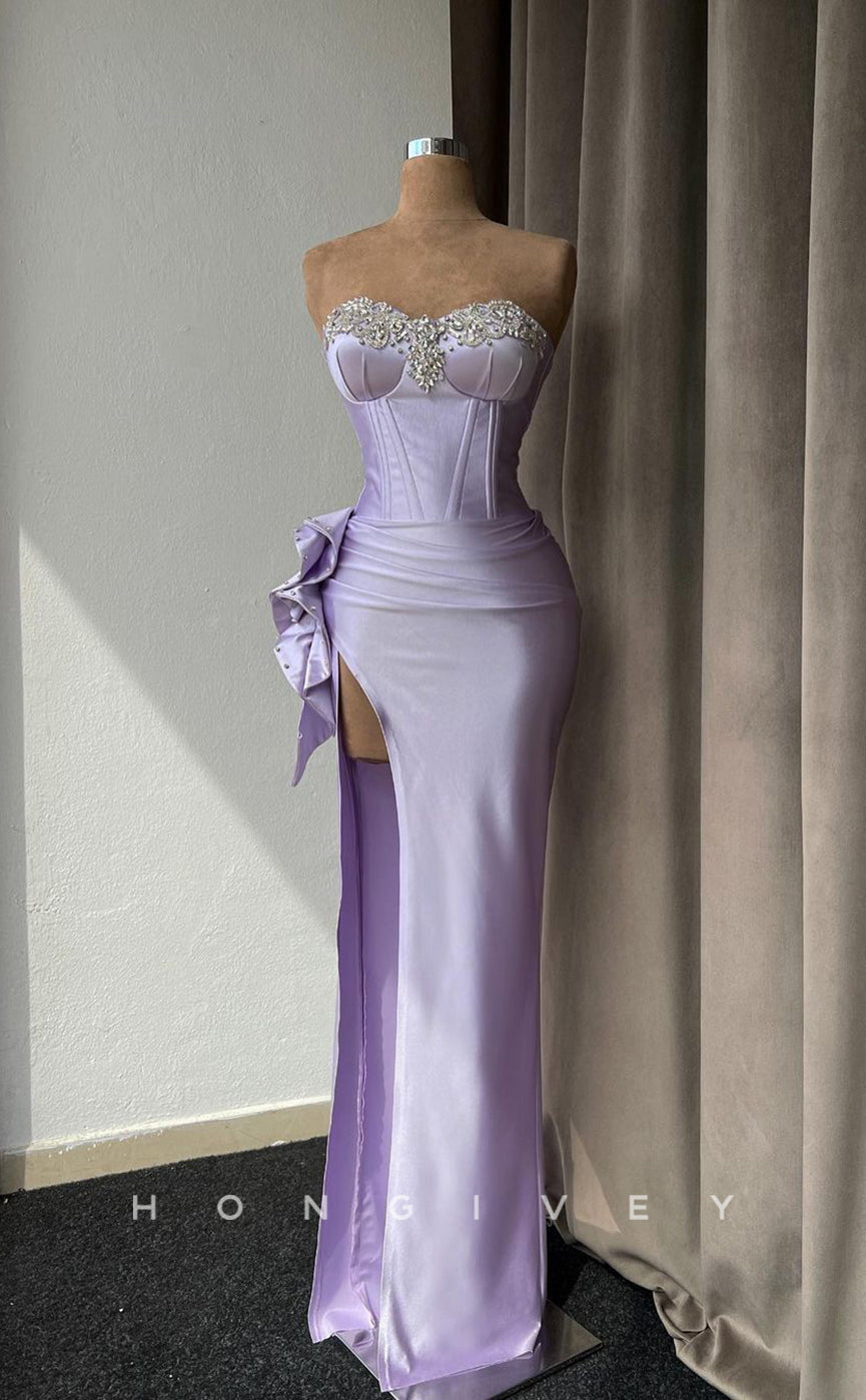 L1443 - Sexy Fitted Satin Sweetheart Strapless Ruched High Slit Party Prom Evening Dress