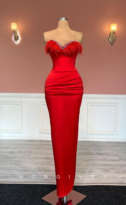 L1444 - Sexy Fitted Satin Sweetheart Feathers Sleeveless Ruched Party Prom Evening Dress