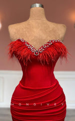 L1444 - Sexy Fitted Satin Sweetheart Feathers Sleeveless Ruched Party Prom Evening Dress