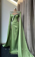 L1446 - Chic Fitted Satin Scoop With Bolero And Side Slit Ruched Party Prom Evening Dress