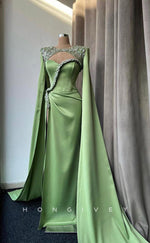 L1446 - Chic Fitted Satin Scoop With Bolero And Side Slit Ruched Party Prom Evening Dress