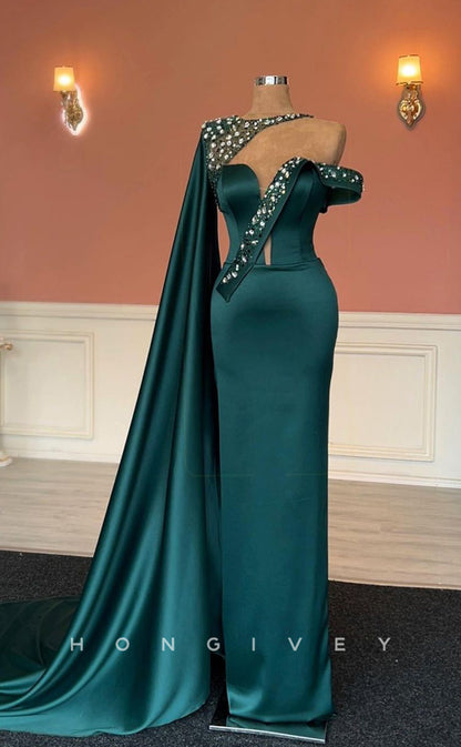 L1447 - Elegant Fitted Satin Asymmetrical One Shoulder With Bolero Party Prom Evening Dress