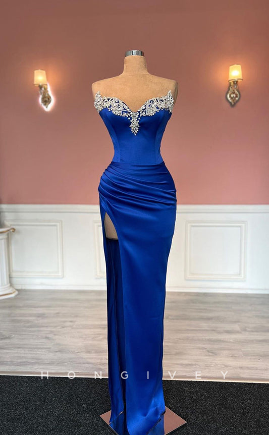 L1448 - Sexy Fitted Satin Sweetheart Sleeveless With Side Slit Party Prom Evening Dress