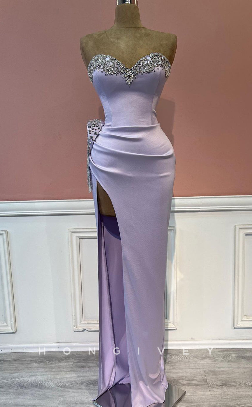 L1449 - Sexy Fitted Satin Sweetheart Sleeveless Ruched With Side Slit Party Prom Evening Dress
