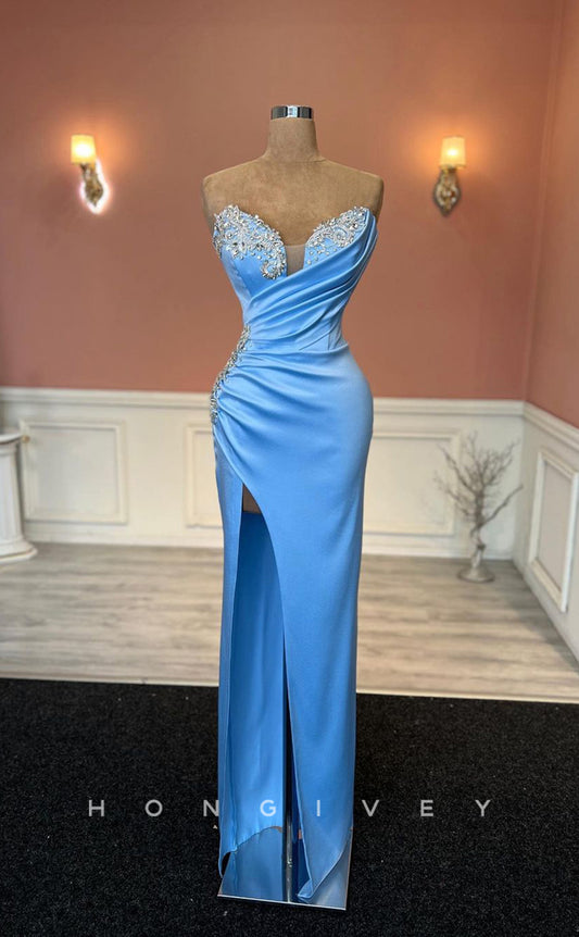 L1450 - Sexy Fitted Satin Sweetheart Sleeveless Pleats With Side Slit Party Prom Evening Dress