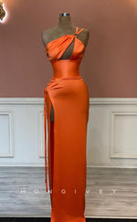 L1452 - Sexy Fitted Satin Asymmetrical One Shoulder Empire With Side Slit Party Prom Evening Dress