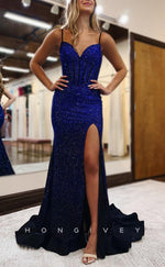 L1456 - Sexy Satin Fully Beaded Sweetheart Spaghetti Straps With Side Slit Party Prom Evening Dress