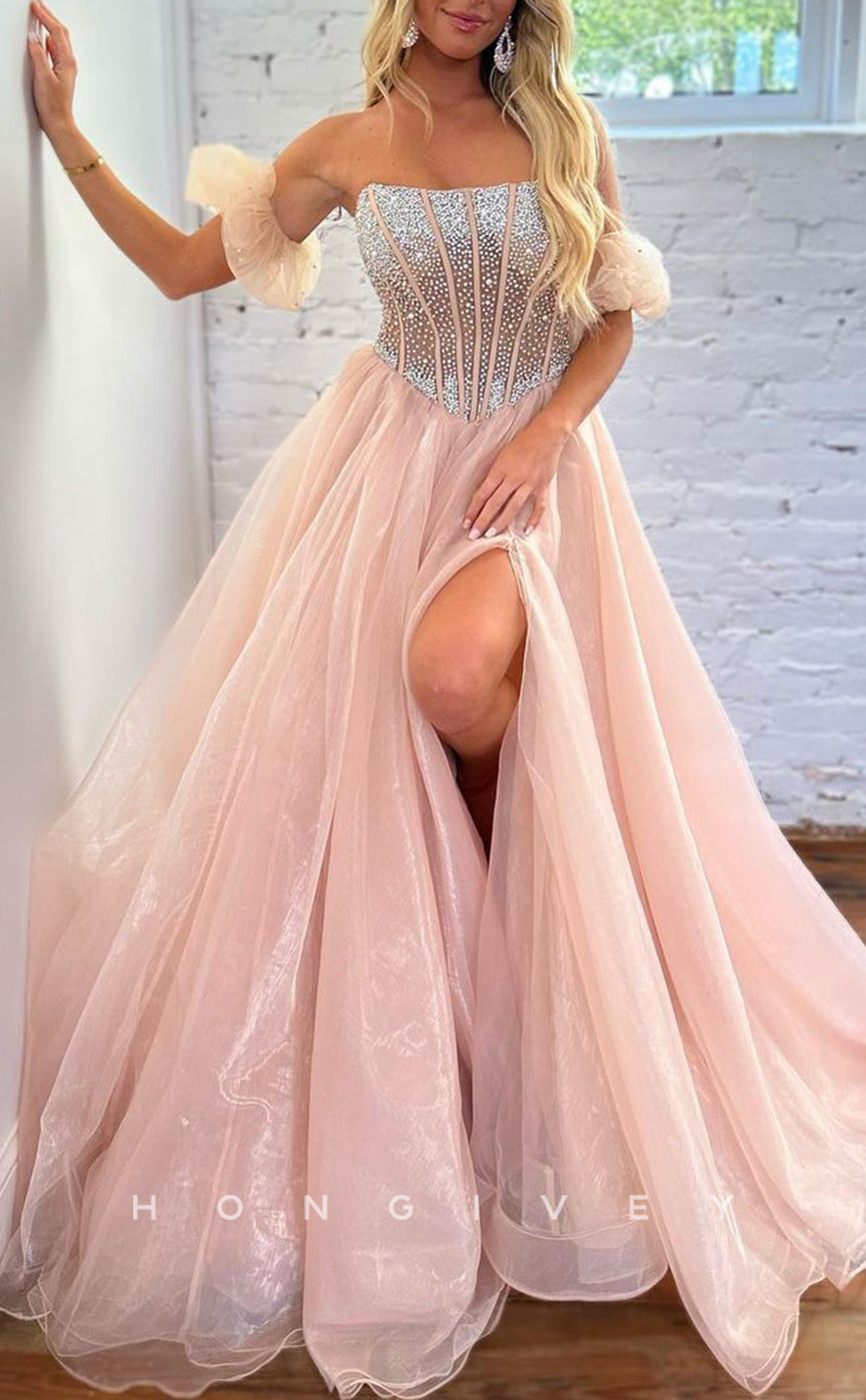 L1459 - Chic Tulle A-Line Glitter Bateau Puff Sleeves Gown With Side Slit Party Prom Evening Dress