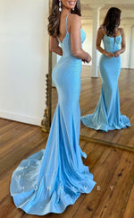 L1461 - Sexy Fitted Satin Fully Beaded V-Neck Spaghetti Straps With Train Party Prom Evening Dress