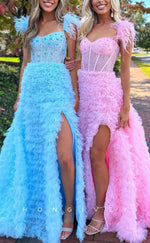 L1462 - Sexy Tulle A-Line Sweetheart Feathers Spaghetti Straps With Side Slit Party Prom Evening Dress