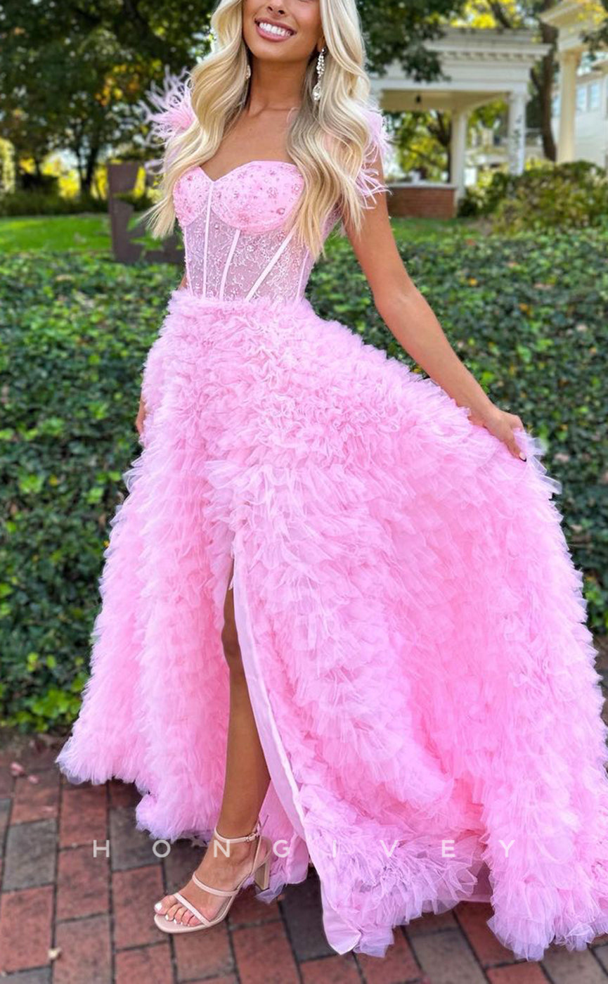 L1462 - Sexy Tulle A-Line Sweetheart Feathers Spaghetti Straps With Side Slit Party Prom Evening Dress