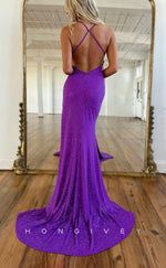 L1463 - Sexy Fitted Glitter V-Neck Crisscross Back With Sweep Train Party Prom Evening Dress