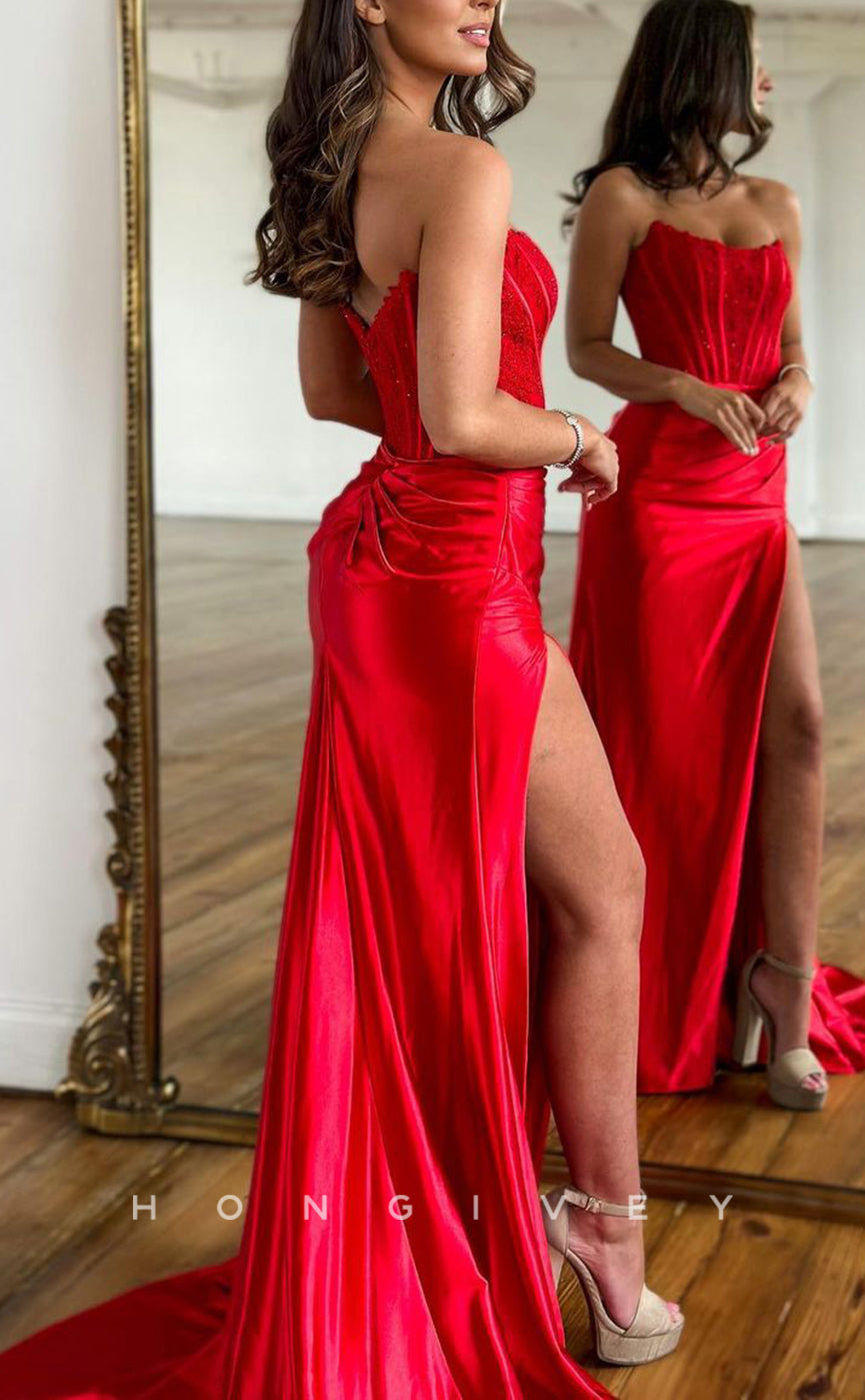 L1464 - Sexy Fitted Red Satin Bateau Strapless Sleeveless With Side Slit Party Prom Evening Dress