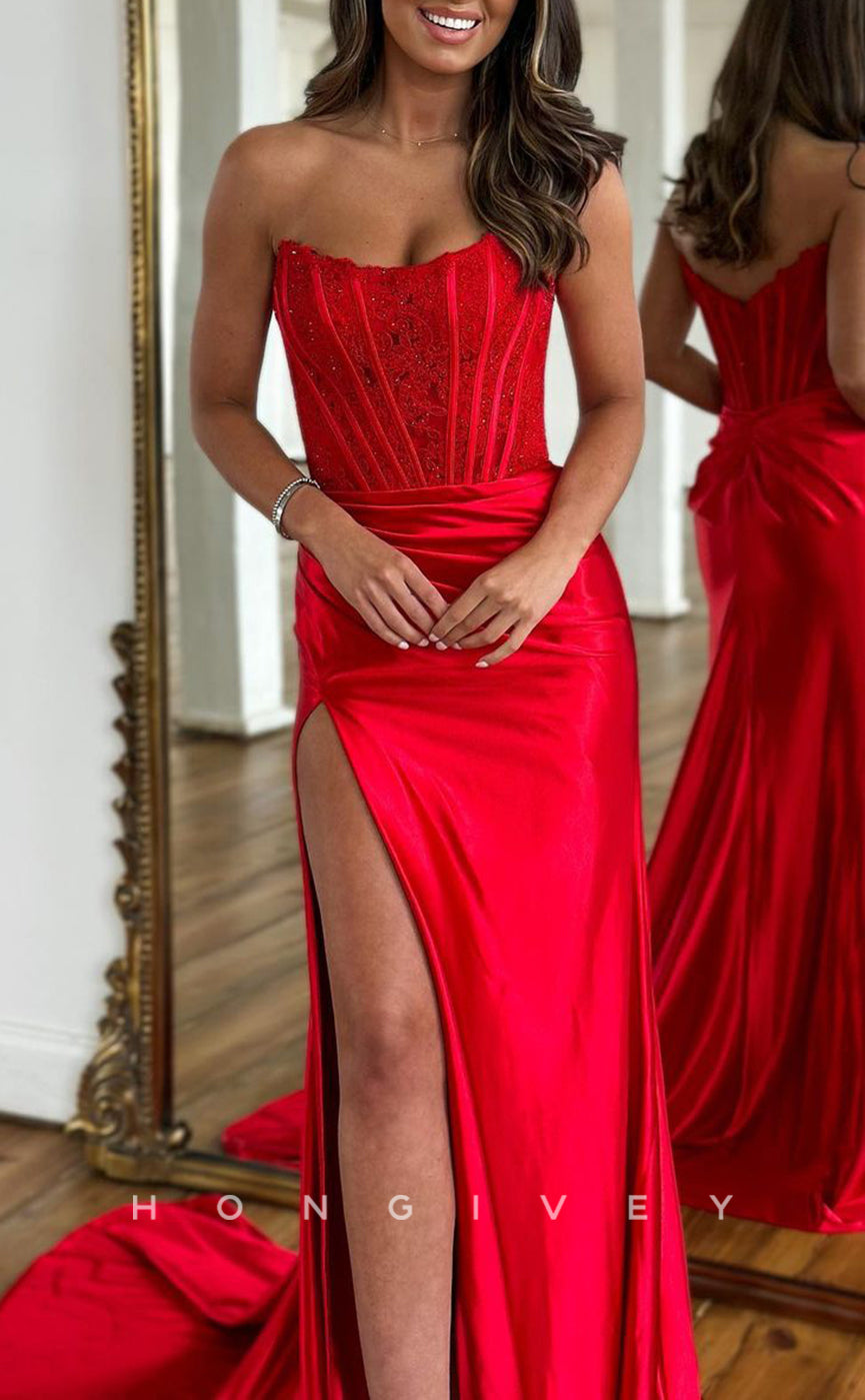 L1464 - Sexy Fitted Red Satin Bateau Strapless Sleeveless With Side Slit Party Prom Evening Dress