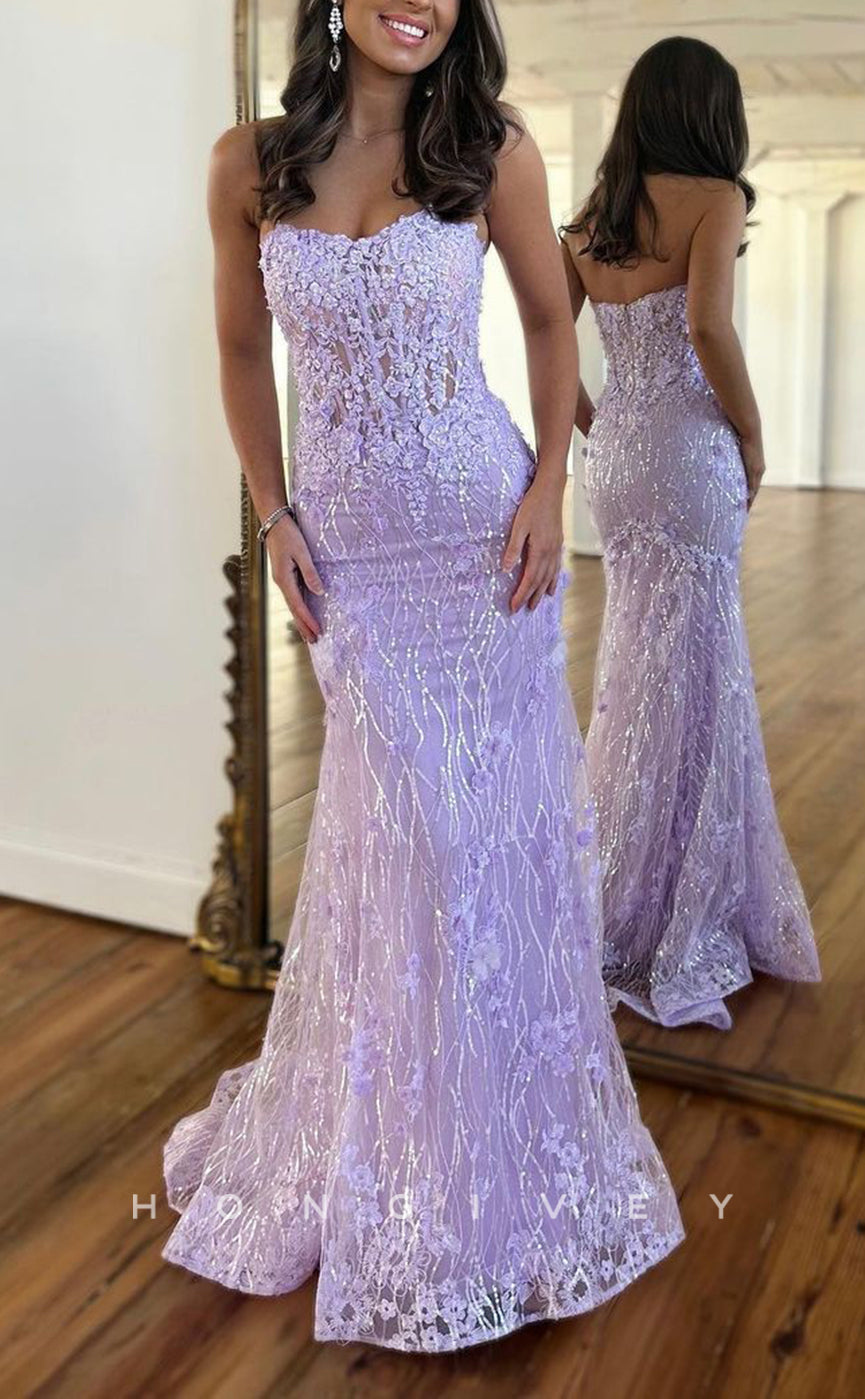 L1469 - Sexy Glitter Illusion Sweetheart Strapless Appliques Party Prom Evening Dress