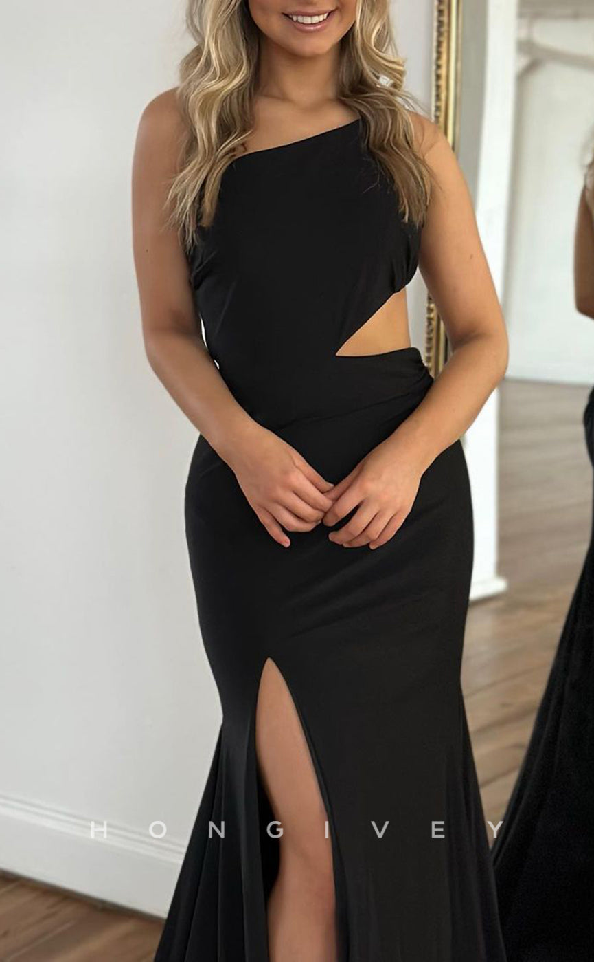 L1471 - Sexy Satin Black One Shoulder Sleeveless With Side Slit Party Prom Evening Dress