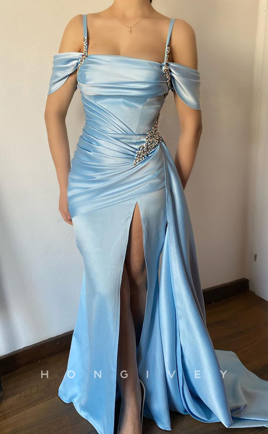 L1473 - Sexy Fitted Satin Off-Shoulder Spaghetti Straps Ruched With Slit Train Party Formal Evening Prom Dress