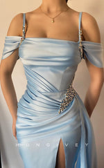 L1473 - Sexy Fitted Satin Off-Shoulder Spaghetti Straps Ruched With Slit Train Party Formal Evening Prom Dress