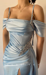 L1473 - Sexy Fitted Satin Off-Shoulder Spaghetti Straps Ruched With Slit Train Party Formal Evening Prom Dress