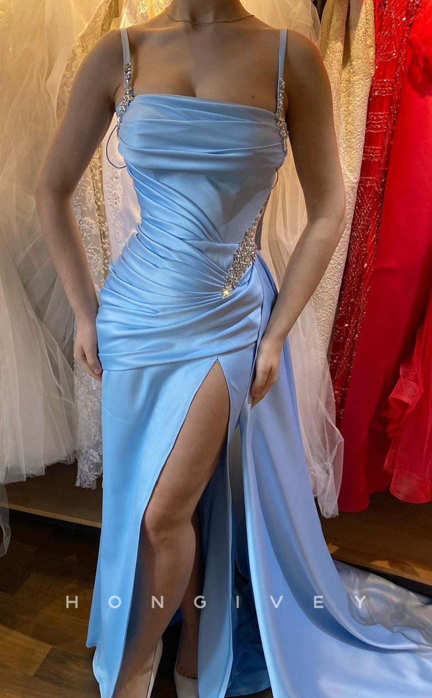L1473 - Sexy Fitted Satin Off-Shoulder Spaghetti Straps Ruched With Slit Train Party Formal Evening Prom Dress