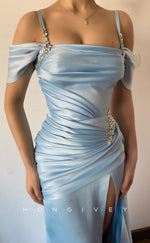 L1473 - Sexy Fitted Satin Off-Shoulder Spaghetti Straps Ruched With Slit Train Party Formal Evening Prom Dress