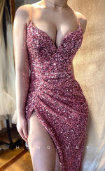 L1474 - Chic Glitter Fully Sequined V-Neck Spaghetti Straps Ruched With Side Slit Train Party Prom Evening Dress