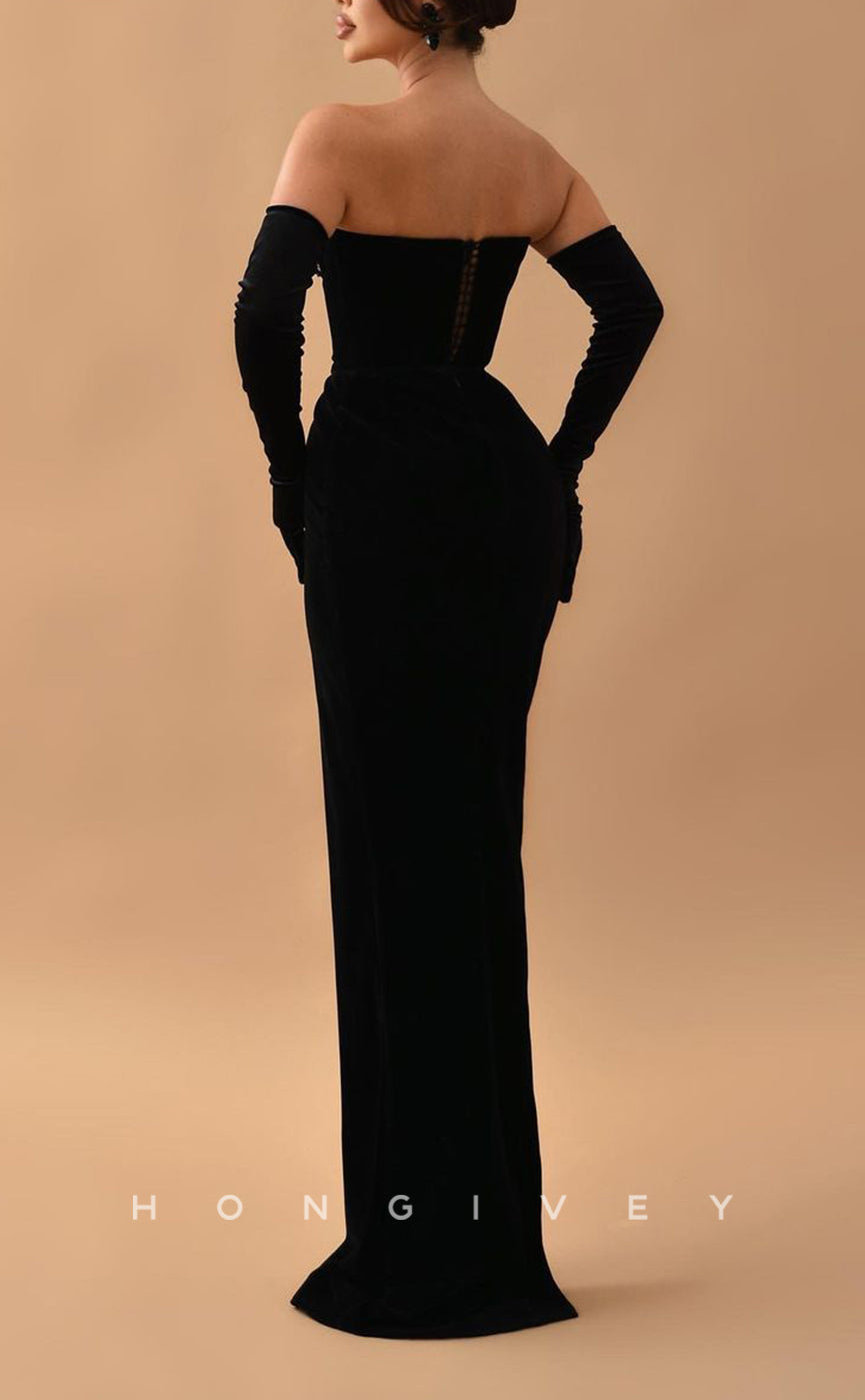 L1475 - Sexy Fitted Black Sweetheart Strapless Long Sleeves With Side Slit Party Prom Evening Dress