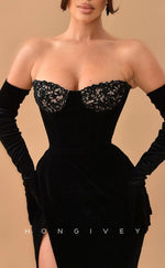 L1475 - Sexy Fitted Black Sweetheart Strapless Long Sleeves With Side Slit Party Prom Evening Dress