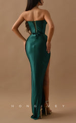 L1477 - Sexy Fitted Satin Sweetheart Strapless Empire Ruched With Side Slit Party Prom Evening Dress