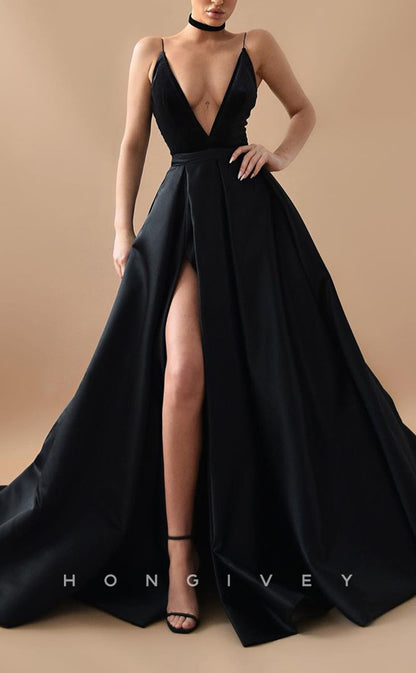 L1478 - Sexy Satin A-Line Plunging  V-Neck Spaghetti Straps Empire With Side Slit Party Prom Evening Dress