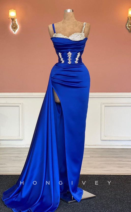 L1479 - Sexy Satin Sweetheart Spaghetti Straps Beaded Empire Ruched With Side Slit Party Prom Evening Dress