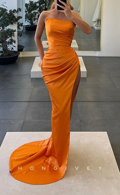L1482 - Sexy Satin Asymmetrical Strapless Empire Ruched With Side Slit Train Party Prom Evening Dress