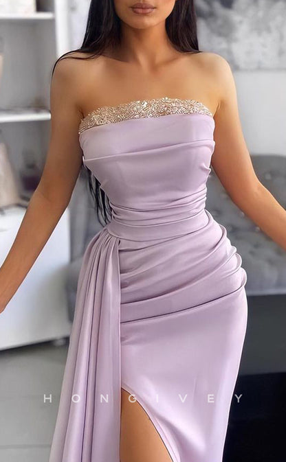 L1485 - Sexy Fitted Satin Strapless Sleeveless Ruched With Side Slit Train Party Prom Evening Dress