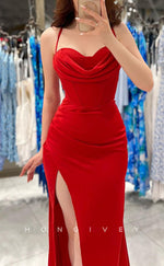 L1487 - Sexy Fitted Satin Sweetheart Spaghetti Straps Pleats With Side Slit Party Prom Evening Dress