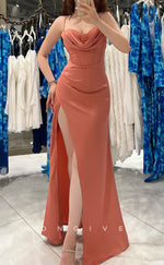 L1487 - Sexy Fitted Satin Sweetheart Spaghetti Straps Pleats With Side Slit Party Prom Evening Dress