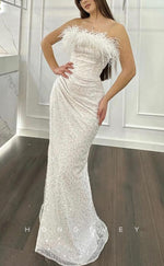 L1488 - Sexy Fitted Glitter Strapless Sleeveless Feathers Sequined Ruched Party Prom Evening Dress