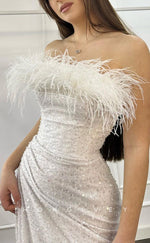 L1488 - Sexy Fitted Glitter Strapless Sleeveless Feathers Sequined Ruched Party Prom Evening Dress