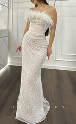 L1488 - Sexy Fitted Glitter Strapless Sleeveless Feathers Sequined Ruched Party Prom Evening Dress