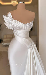 L1489 - Elegant Satin Asymmetrical V-Neck Empire Ruched With Train Party Prom Evening Dress