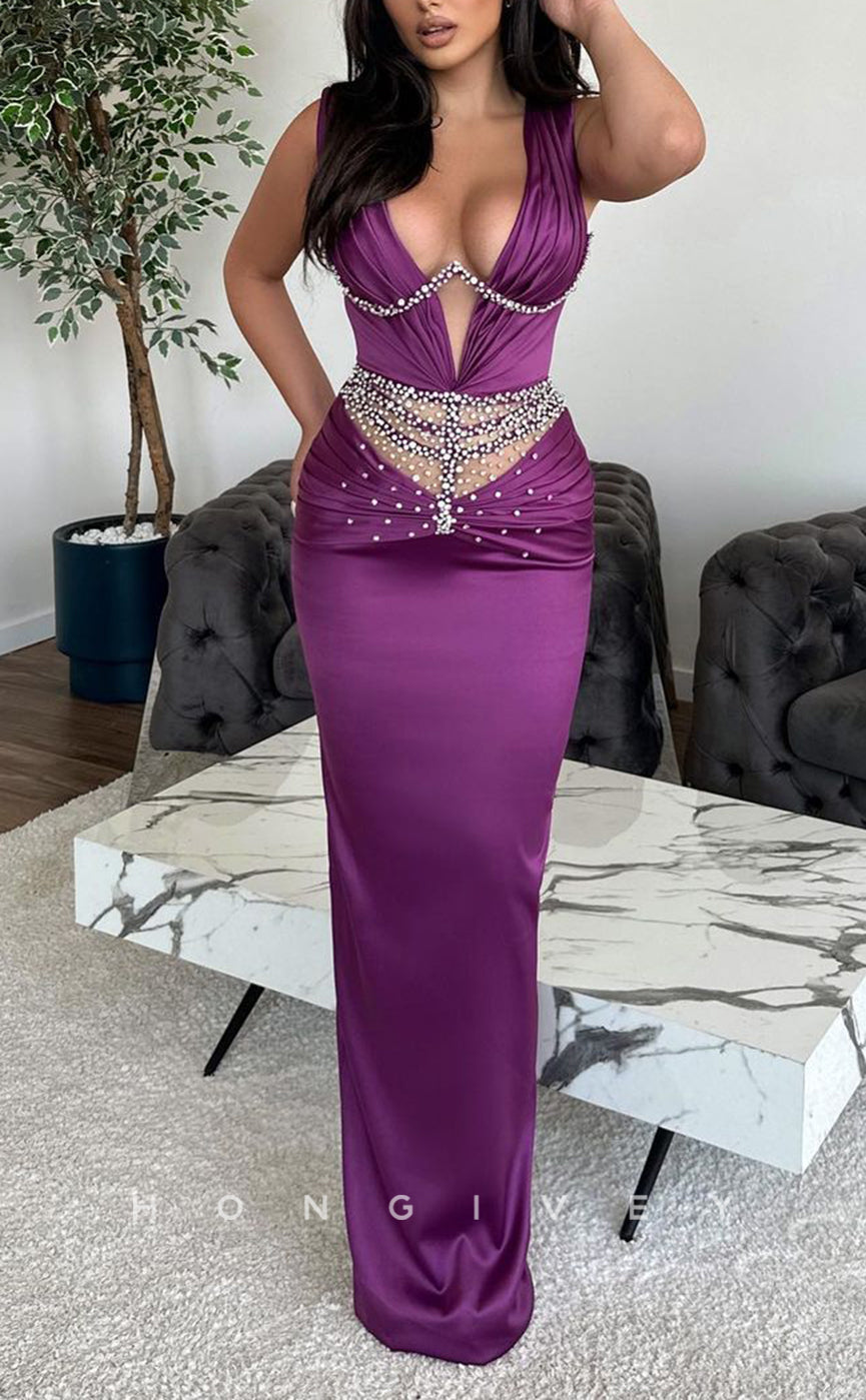 L1490 - Sexy Fitted Satin Plunging  V-Neck Straps Beaded Ruched Party Prom Evening Dress